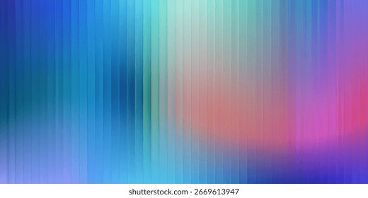 Fondo de vidrio iridiscente corrugado con diseño abstracto acanalado degradado y patrón azul. Efecto de color con desenfoque de línea de neón y luz metálica.