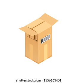 Corrugated isometric box in unpacking process. Concept for cargo shipping, unpacking.Vector icon isolated on white background.