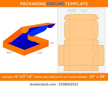 Corrugated Mailer Box 14''x12''x3'' Dieline Template