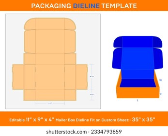 Corrugated mailer box, Dieline Template, 11 x 9 x 4 inch