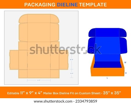 Corrugated mailer box, Dieline Template, 11 x 9 x 4 inch