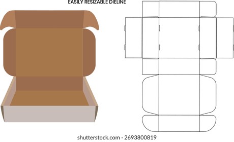 Caja de correo corrugada o caja de envío final de rollo Plantilla de línea de línea y archivo de renderizado 3D	