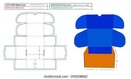 Corrugated mailer box or shipping roll end box dieline template and 3D render file