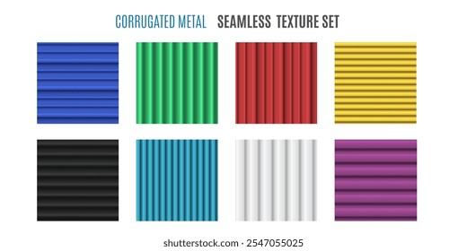 Fundo de metal ondulado diferentes cores e padrões conjunto de vetor. Textura de linhas de superfície perfiladas e onduladas, horizontal e vertical. Telas metálicas, painéis para telhados ou cercas