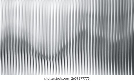 Corrugated metal texture with ribbed glass background and steel sheet pattern. Abstract window in silver and white 3D with fluted panel stripes. Premium wall ripple with blur, gradient light.