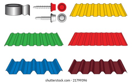 Corrugated metal tiles for roof covering, screws and adhesive tape