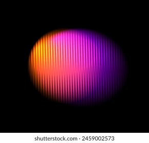 Gewellter Neon-Kreis gerippter Glaseffekt. Runde Flüssigkeits-Gradientenform. Orange violett vibrierendes abstraktes Element mit Prismeneffekt schwarzer Hintergrund. Vektorillustration Modernes geometrisches verschwommenes Design