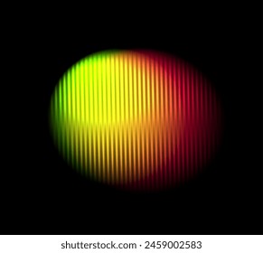 Corrugated neon circle ribbed glass effect. Round liquid gradient shape. Yellow red vibrant abstract element with prism effect on black background . Vector illustration modern geometric blurry design