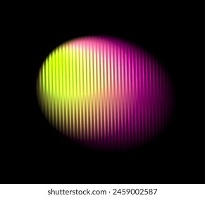 Corrugated neon circle ribbed glass effect. Round liquid gradient shape. Yellow red vibrant abstract element with prism effect on black background . Vector illustration modern geometric blurry design