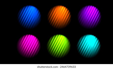 Corrugated neon circle ribbed glass effect. Set colorful round liquid gradient shape. Purple, green,yellow,blue, orange vibrant abstract element prism effect black background. Vector illustration