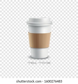 Corrugated paper white cup for tea on a transparent layer.