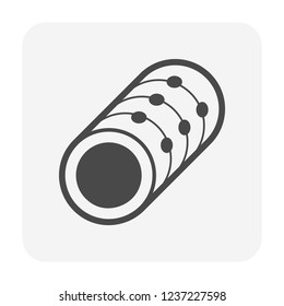 Corrugated perforated pipe vector icon. Pvc or hdpe with hole for french drain system, land drainage by install with sock, end cap, fitting at underground of home yard garden, under basement floor.