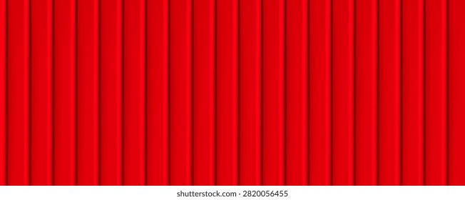 Corrugated red metal sheets create an industrial texture with vertical ribs. The steel panel surface creates a seamless pattern for warehouse walls, roofs and construction backgrounds.