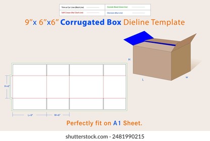 Corrugated Shipping Box 6x6x6 inches Dieline Template. A box is a container with a dimensional structure used to store, protect, and transport items.