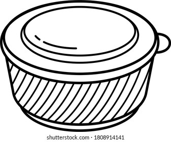 Corrugated soup bowl with plastic lid. 
Vector outline icon.