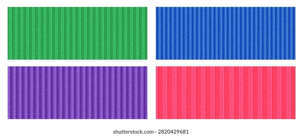 Corrugated texture container set with four fluted panels. Green blue purple and pink surfaces form ribbed sheets. Vector container texture collection for social media collection or stationery design