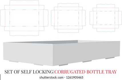 Corrugated Tray Template, Vector with die cut  laser cut layers. Set of three different designs. White, clear, blank, isolated Tray mock up on white background, perspective view, self lock packaging