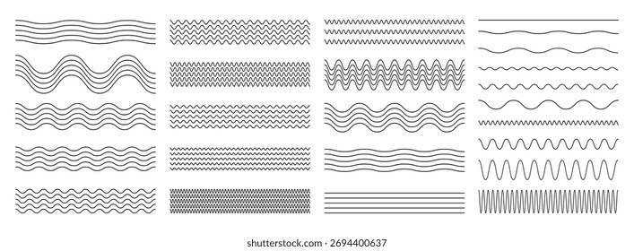 Conjunto de linhas Ondas Onduladas. ziguezague isolado, padrão de ornamento de onda, sublinhado horizontal, ondulado, ondulado, plano de fundo de linha fina. Ilustração vetorial. Não é IA