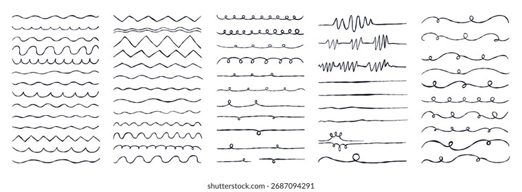 Ondas onduladas. Conjunto de doodle texturizado de línea. Zigzag aislado, patrón de adorno ondulado, subrayado Horizontal, fondo ondulado, línea delgada. Viñetas caladas, cardiograma dibujado a mano. Ilustración vectorial