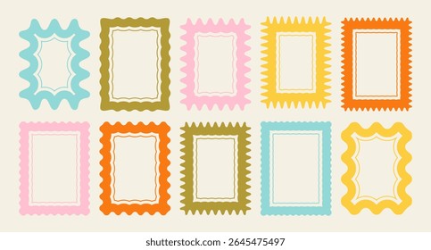 Corrugated wavy frame border frames. Vector wave edge kid color bg. Fun cute retro text boxes. Wiggly squiggly curvy wavy scalloped edge cute kids stamps. Groovy 60s zigzag stamp text frame collection