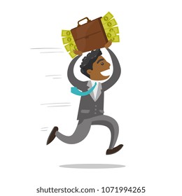 Corrupt african-american businessman running with briefcase full of money. Concept of corruption, bribery and economic crime. Vector cartoon illustration isolated on white background. Square layout.