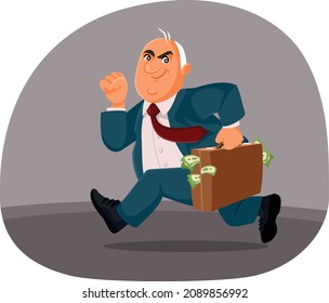 
Corrupt Businessman Running with a Briefcase of Money Vector Cartoon. Fraudster politician escaping with bribery cash in a suitcase 
