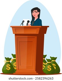 corrupt female politician stands behind podium with bags of money, concept of venality people in politics. Stock vector illustration