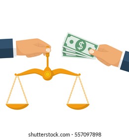 Corrupt judgment concept. Bribery judge. Corruption. Businessman gives money, judge holding scales of justice. Vector illustration flat style design. Isolated on white background. Pay law.