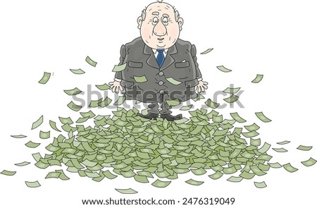 Corrupt official standing on a big pile of money and enjoying his illegal gains, vector cartoon illustration on a white background