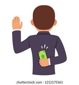 Corrupt politician raising hand in oath with bribe money behind back. Business corruption and lobbying concept vector illustration.