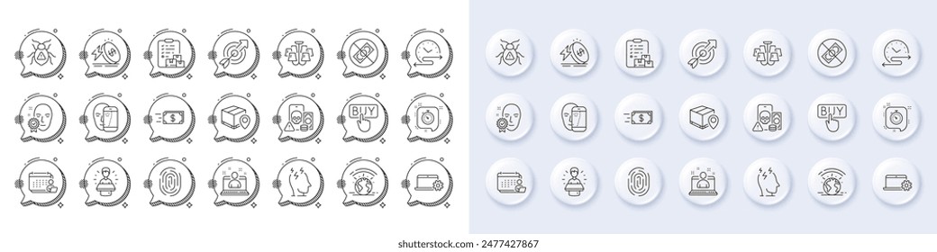 Iconos de línea corruptos, cronograma y biométrica de caras. Botones 3d de pin blanco, iconos de burbujas de chat. Paquete de seguimiento de paquetes, destino, icono de mejor administrador. Vector