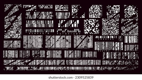 Corrupted barcodes black set. Identification numbers with scratches and cracks. Ecommerce and online shopping. Goods for shop and supermarket. Flat vector collection isolated on white background