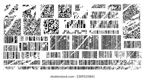 Corrupted barcodes white set. Identification numbers with scratches. Template, layout and mock up. Ecommerce and online shopping, pricetags. Flat vector collection isolated on white background