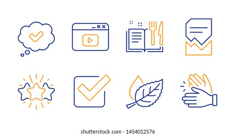 Corrupted file, Checkbox and Star line icons set. Approved, Video content and Leaf signs. Recipe book, Clapping hands symbols. Damaged document, Approved tick. Business set. Vector