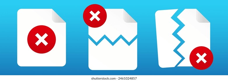 Corrupted file error icon. Failed document with error vector