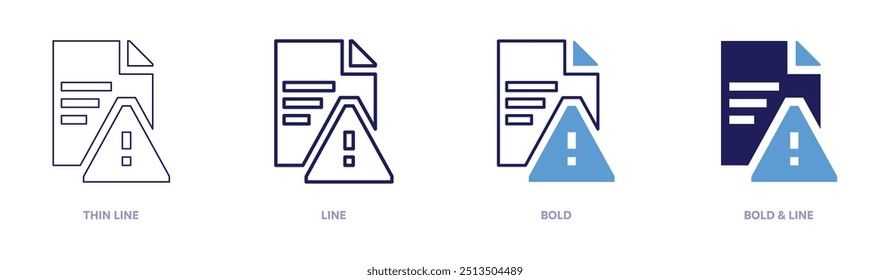 Icono de archivo dañado en 4 estilos diferentes. Línea delgada, línea, negrita y línea negrita. Estilo duotono. Trazo editable.