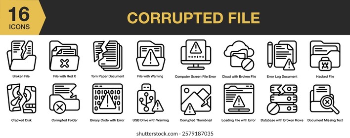 Corrupted File icon set. Includes document, file, broken, data, error, and More. Outline icons vector collection.