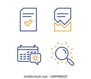 Corrupted file, Travel calendar and Checked file icons simple set. Search sign. Damaged document, Trip planning, Correct document. Linear corrupted file icon. Colorful design set. Vector