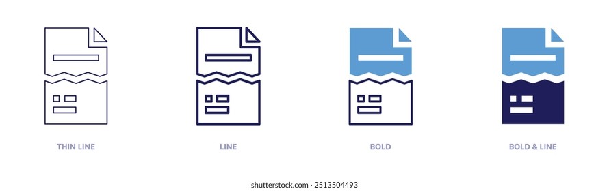 Icono de archivos dañados en 4 estilos diferentes. Línea delgada, línea, negrita y línea negrita. Estilo duotono. Trazo editable.