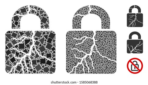 Corrupted lock icon composition of tremulant elements in variable sizes and color tinges, based on corrupted lock icon. Vector inequal elements are organized into collage.