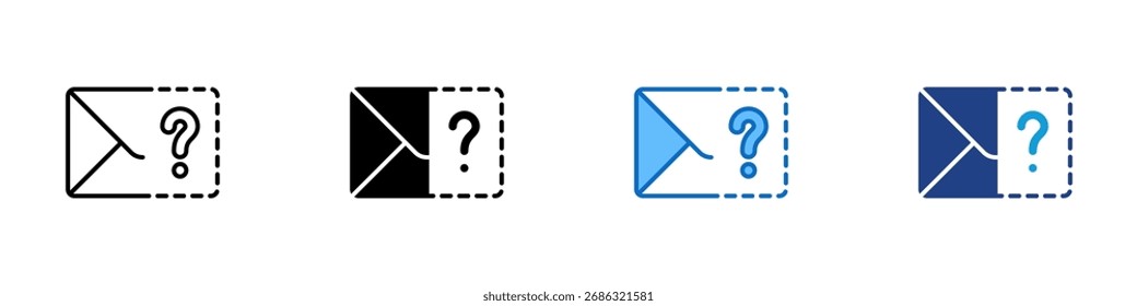 Vector de diseño de íconos de múltiples estilos de correo dañado: sobre con signo de interrogación, que simboliza un remitente desconocido, correo sospechoso o información faltante