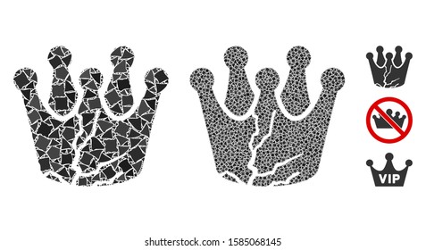 Corrupted monarchy icon composition of ragged pieces in variable sizes and color tints, based on corrupted monarchy icon. Vector raggy pieces are organized into composition.