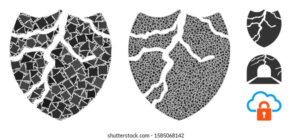 Corrupted shield icon mosaic of unequal parts in various sizes and color tinges, based on corrupted shield icon. Vector unequal pieces are composed into collage.