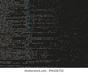 Corrupted source code. Modern vector illustration about computer security. Abstract ascii glitch background. Fatal programming error. Buffer overflow problem. Random signal error. Element of design.