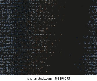 Corrupted source code. Modern vector illustration about computer security. Abstract ascii glitch background. Fatal programming error. Buffer overflow problem. Random signal error. Element of design.