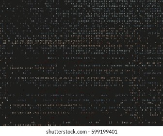 Corrupted source code. Modern vector illustration about computer security. Abstract ascii glitch background. Fatal programming error. Buffer overflow problem. Random signal error. Element of design.