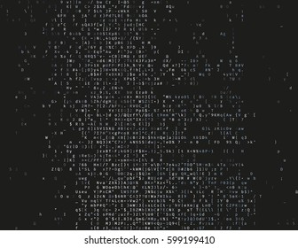 Corrupted source code. Modern vector illustration about computer security. Abstract ascii glitch background. Fatal programming error. Buffer overflow problem. Random signal error. Element of design.