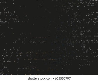 Corrupted source code. Modern vector illustration about computer security. Abstract ascii glitch background. Fatal programming error. Buffer overflow problem. Random signal error. Element of design.