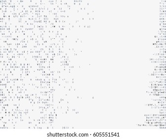 Corrupted source code. Modern vector illustration about computer security. Abstract ascii glitch background. Fatal programming error. Buffer overflow problem. Random signal error. Element of design.