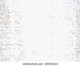 Korrumpierter Quellcode. Moderne Vektorgrafik über Computersicherheit. Abstrakter ascii-glänzender Hintergrund. Fehler bei der Programmierung. Pufferüberlauf-Problem. Zufallssignal-Fehler. Element des Designs.